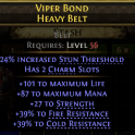 HEAVY BELT - 2 CHARM SLOT - 101 LIFE 87 MANA 27 STR RESISTANCES: 39% FIRE 39% COLD 56 LEVEL REQ